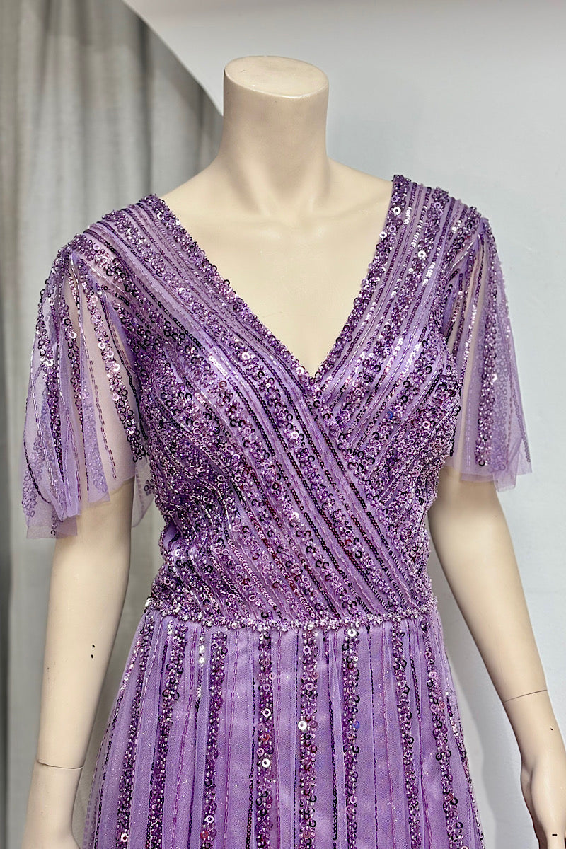 Beaded V-Neck Petal Sleeve Formal