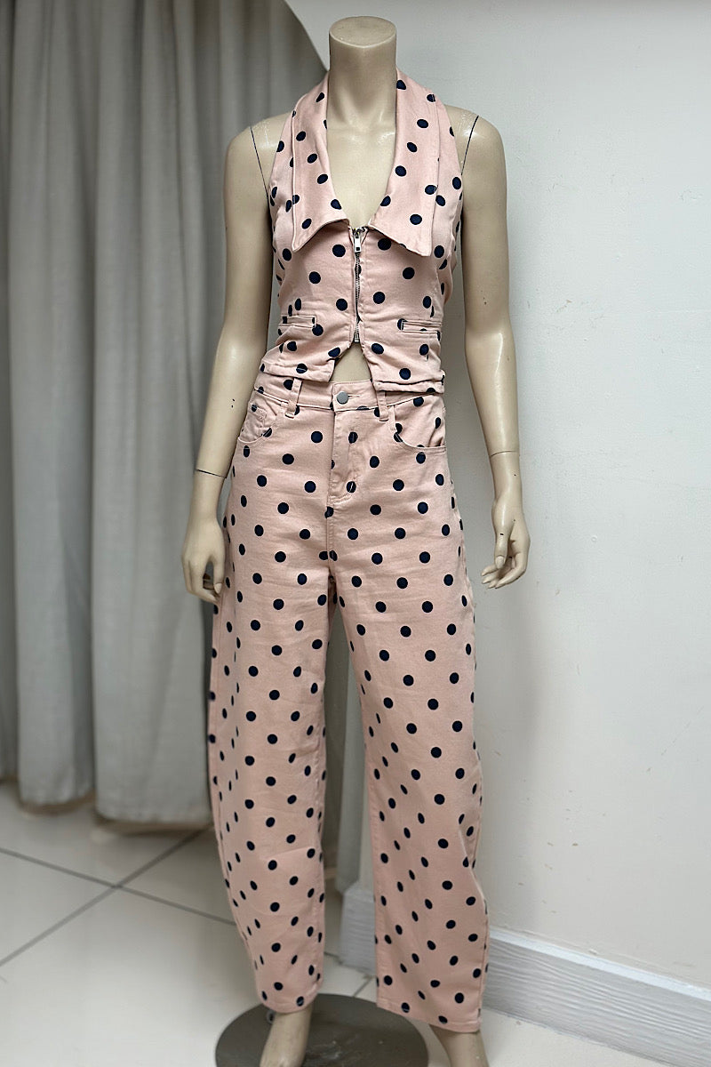 Polka Dot Halter Denim Pant Set