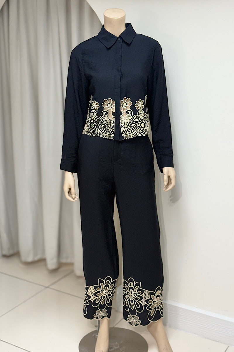 Floral Embroidered Crop Pant Set