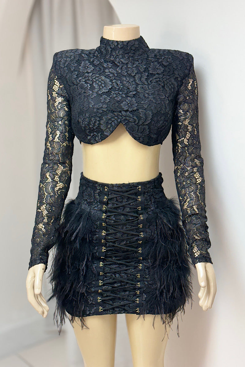 2 Piece Feather Lace Skirt Set