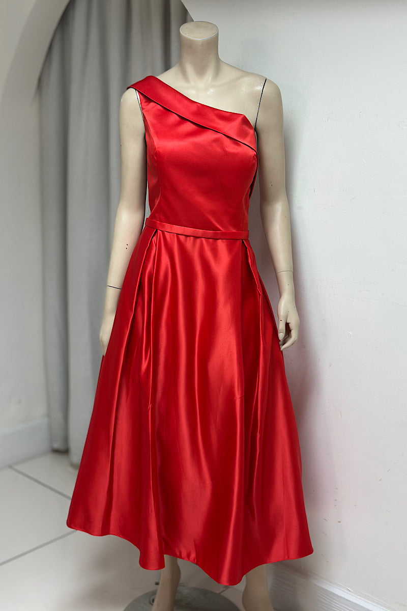 Satin One-Shoulder Tea-Length Formal