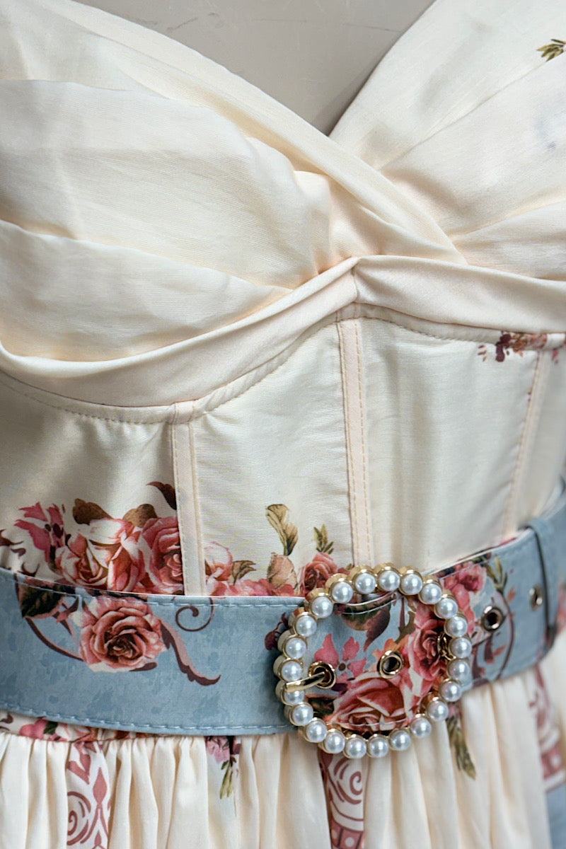 Corset Floral Belted Midi Dress