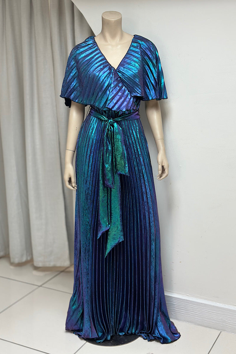Iridescent Metallic Pleated Maxi Dress