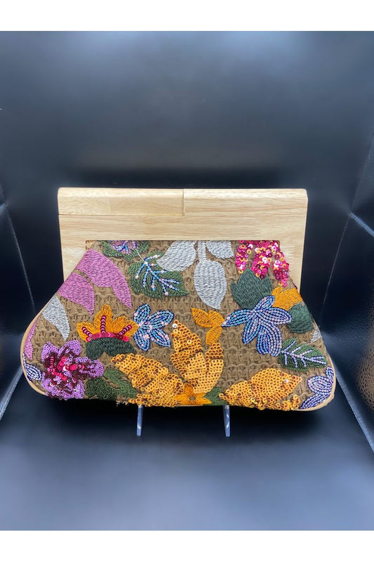 Wooden Floral Embroidered Straw Clutch