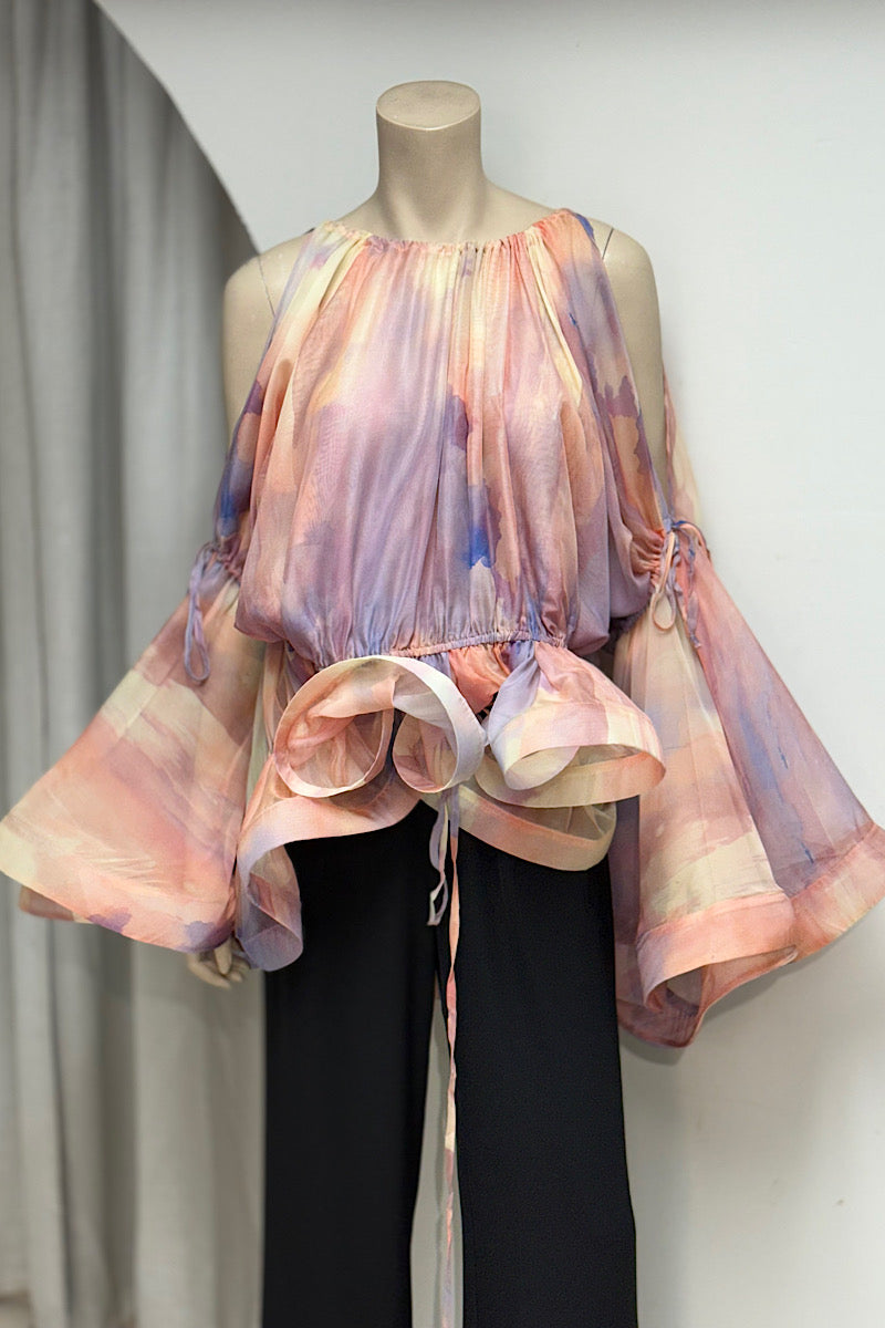 Watercolor Flounce Tie-Sleeve Top