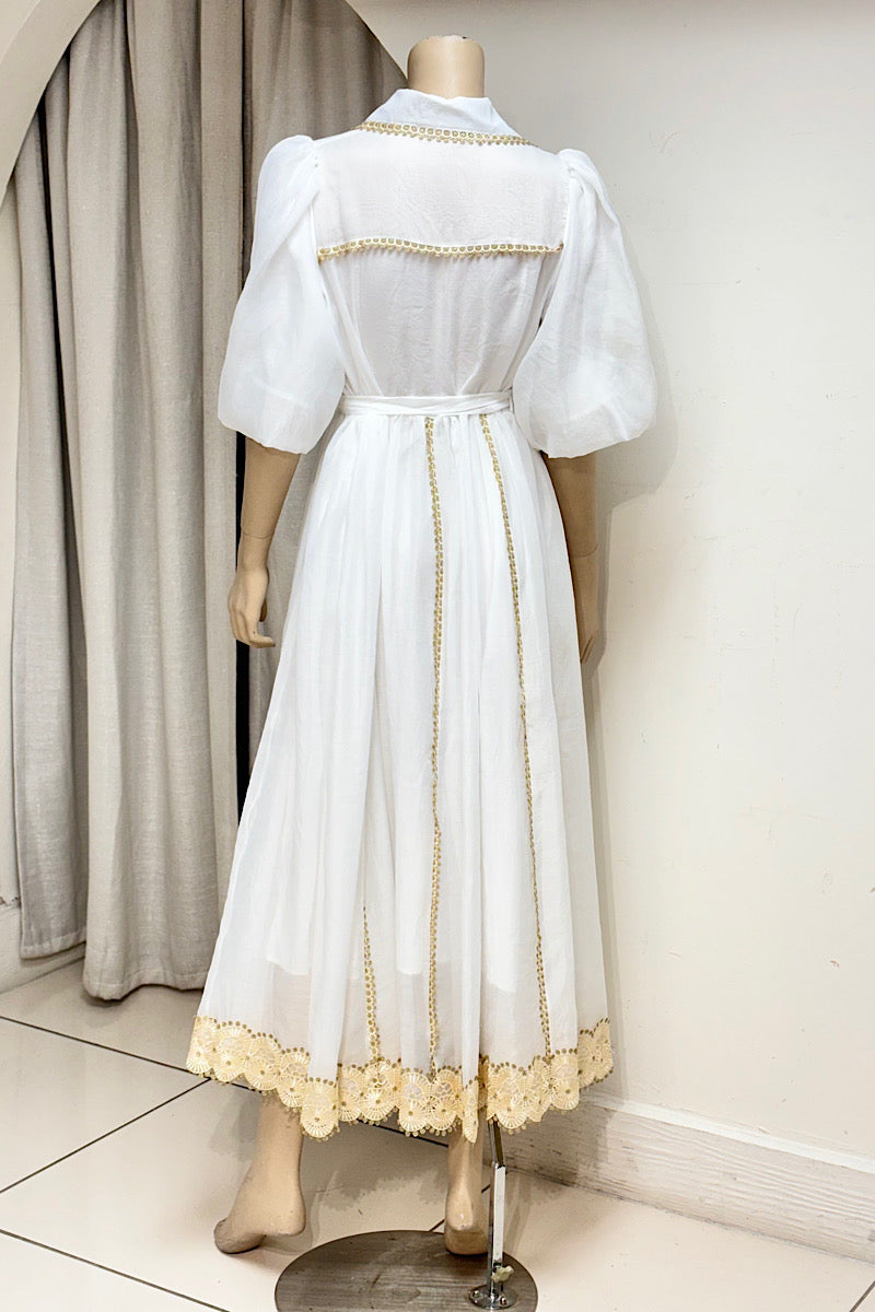 Gold Applique Accented Collared Maxi Dress