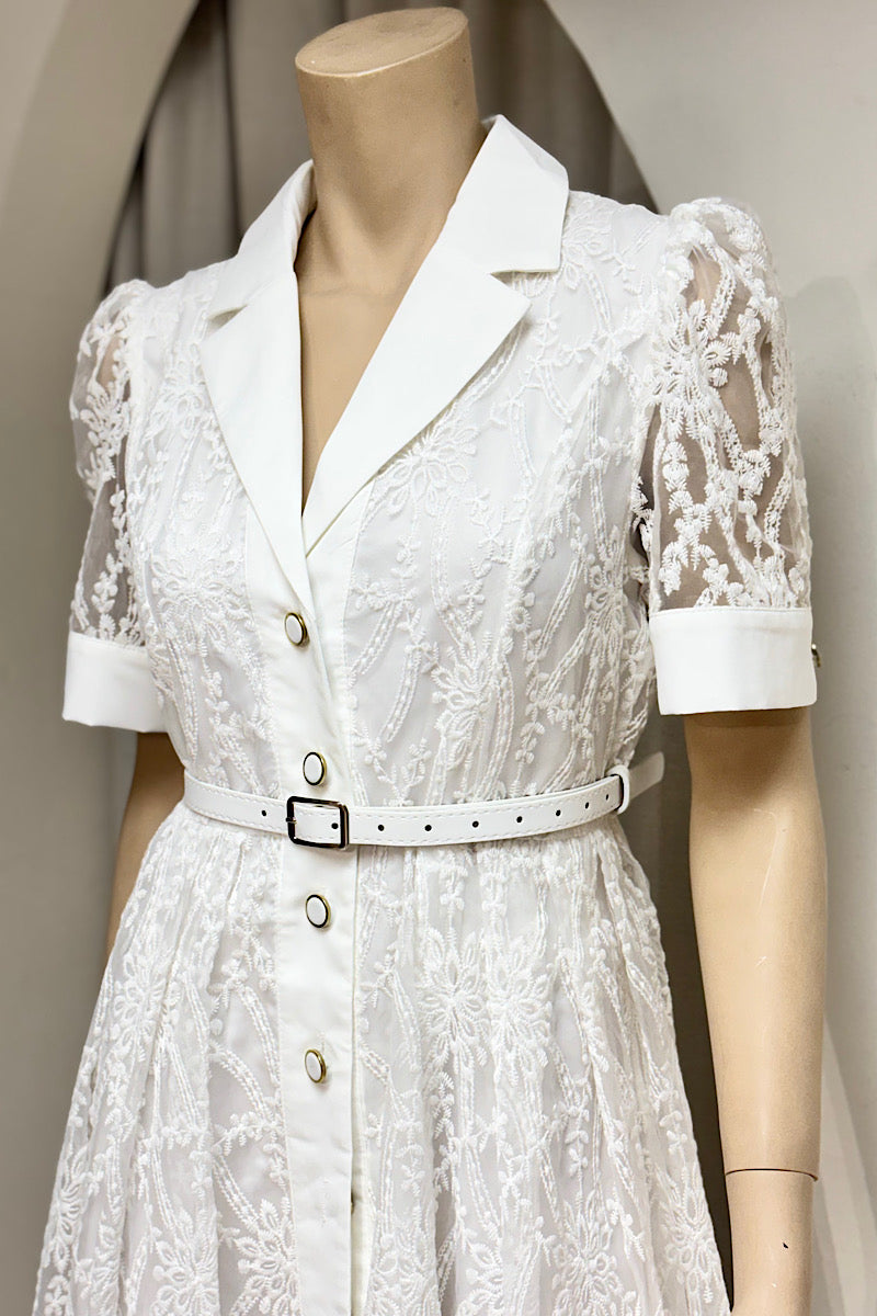 Collared Floral Lace Belted Maxi Dress