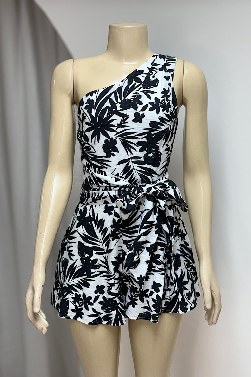 One-Shoulder Tropical Linen Romper