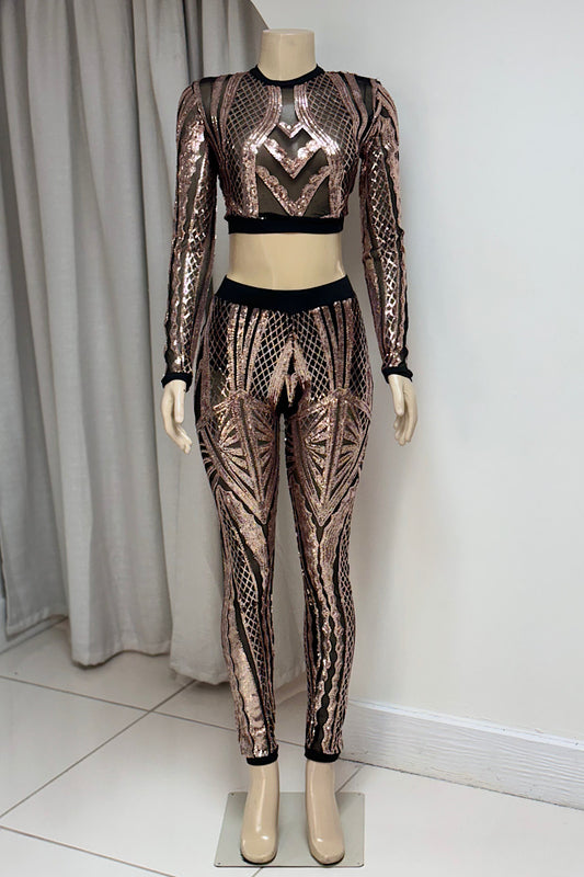 Long Sleeve Crop Top Sequin Pant Set