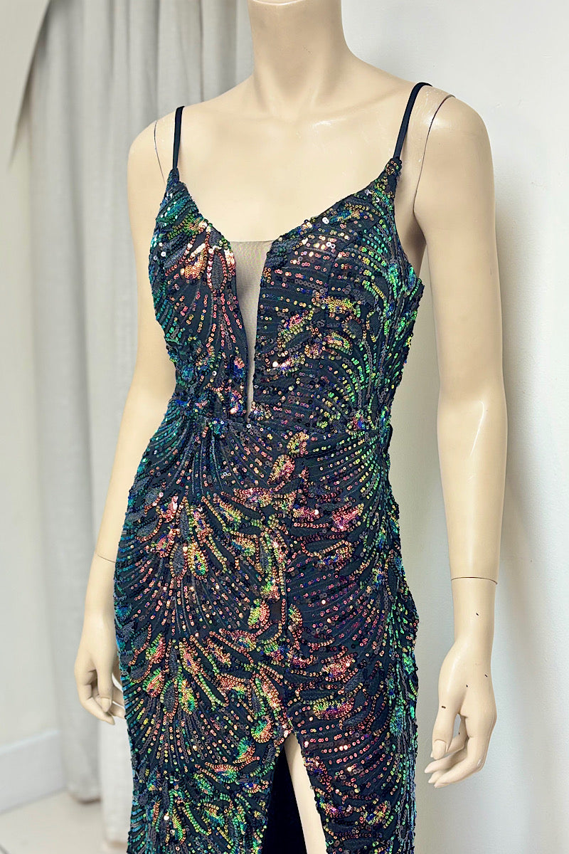 Thin Strap Sequin Split Formal