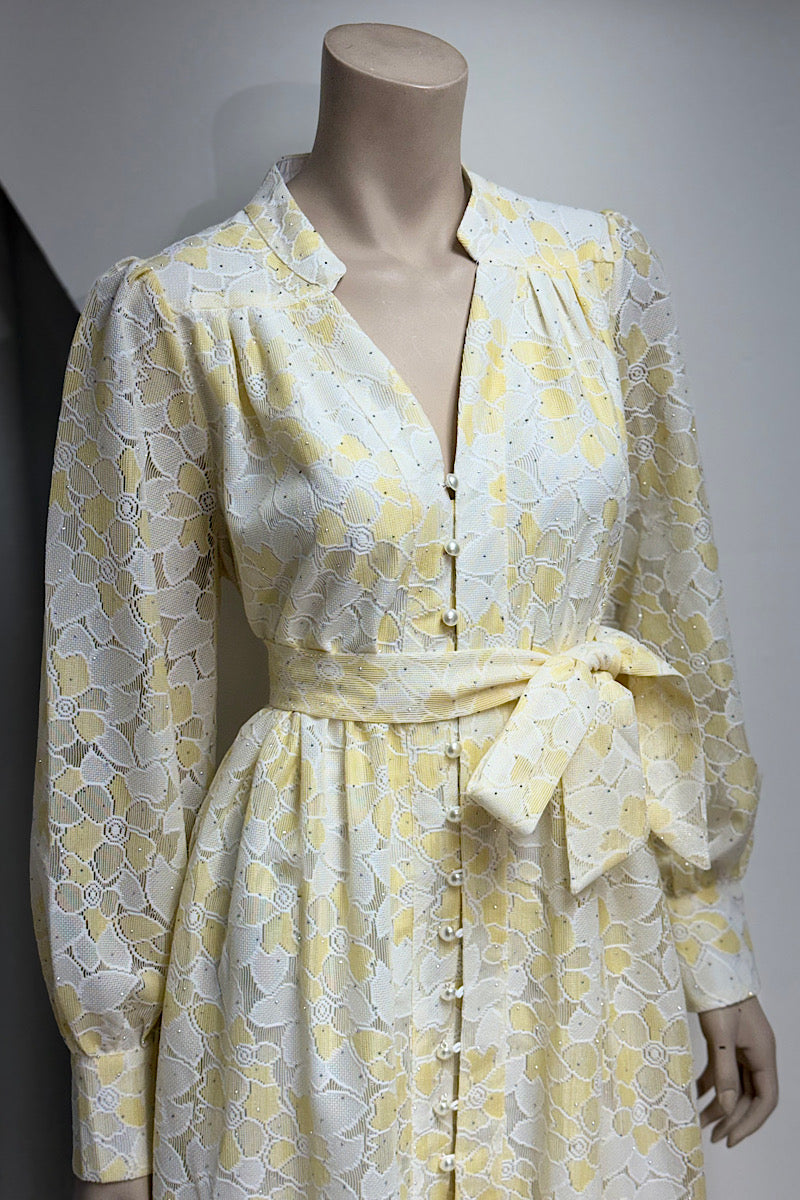 Studded Pearl Button Tea-Length Dress