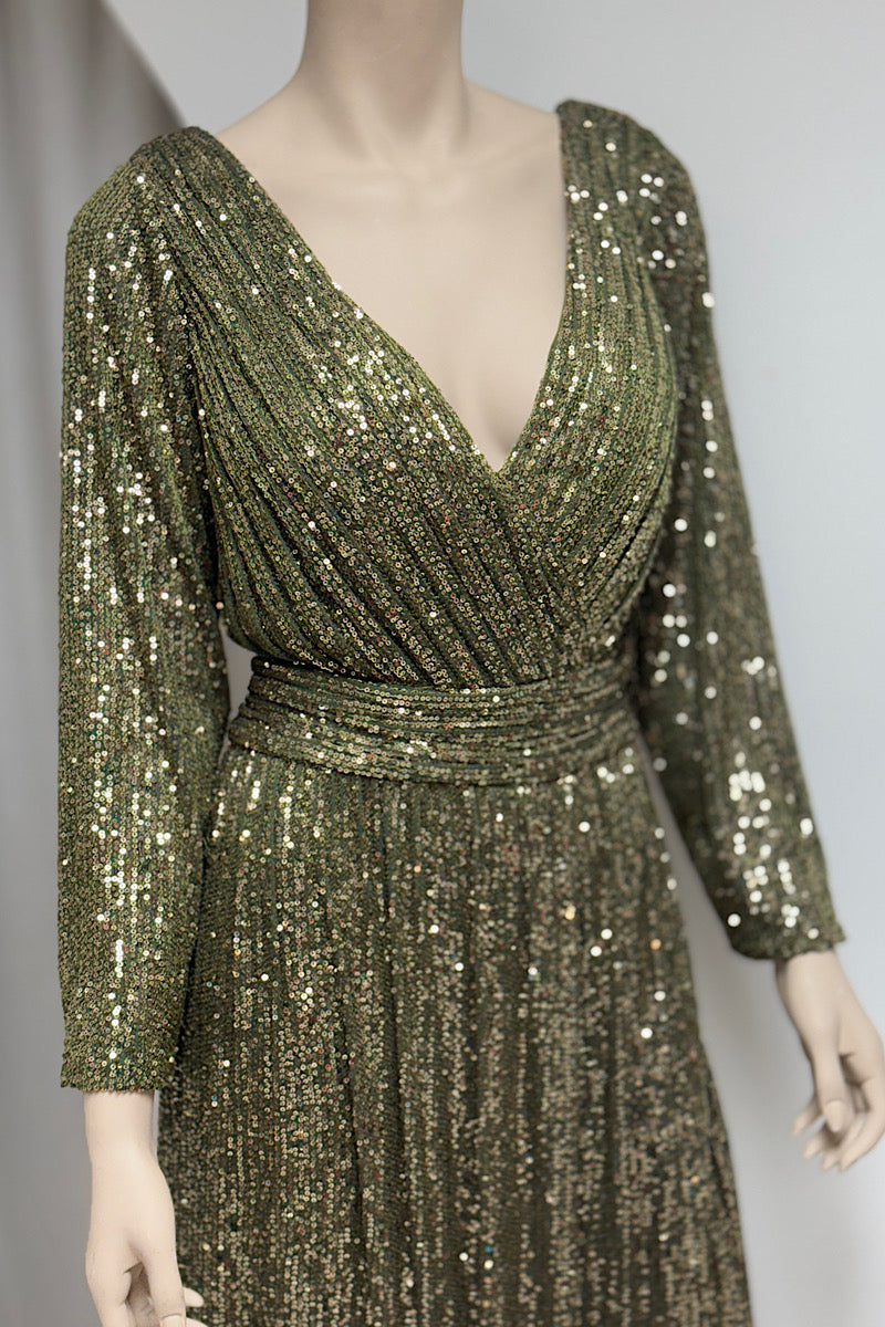 V-Neck 3 Quarter Sleeve Sequin Formal