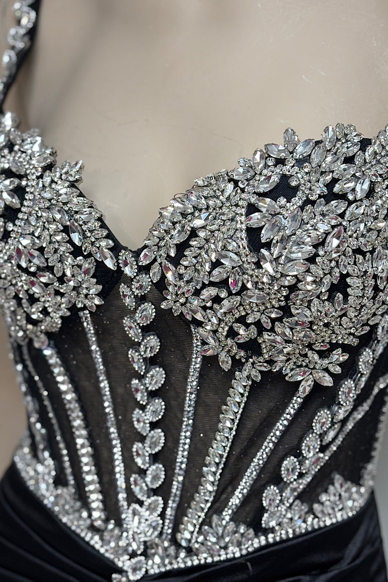 Sheer Rhinestone Bodice Fitted Satin Formal