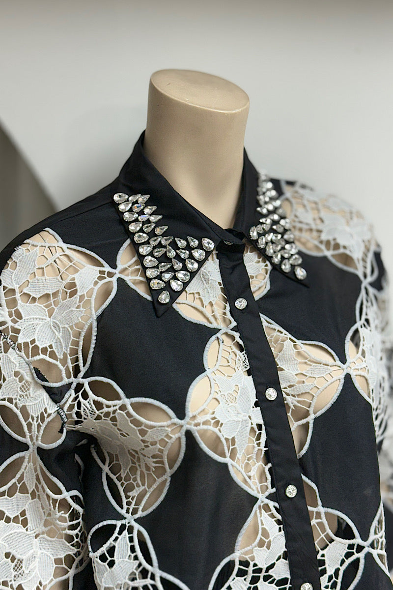 Embellished Collar Lace Short Pant Set