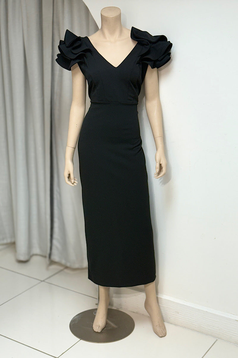 Ruffle Shoulder V-Neck Midi Dress