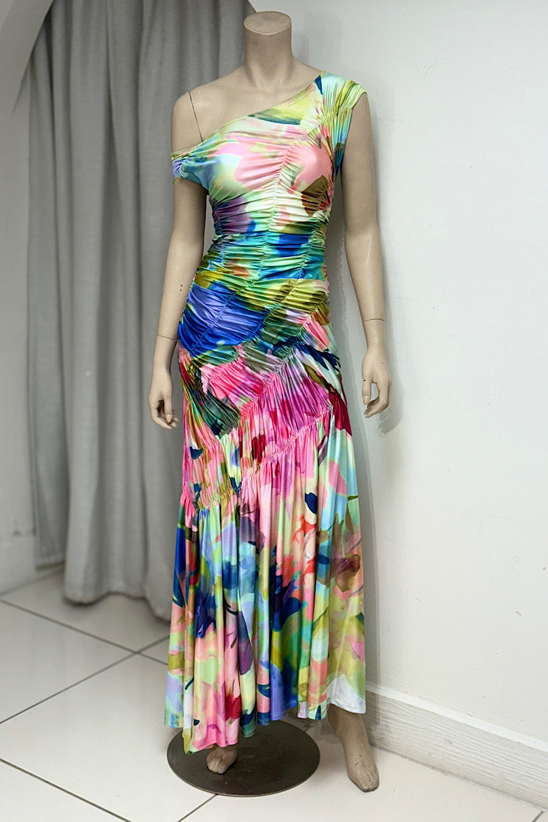 Ruched Flowy Multicolor Maxi Dress
