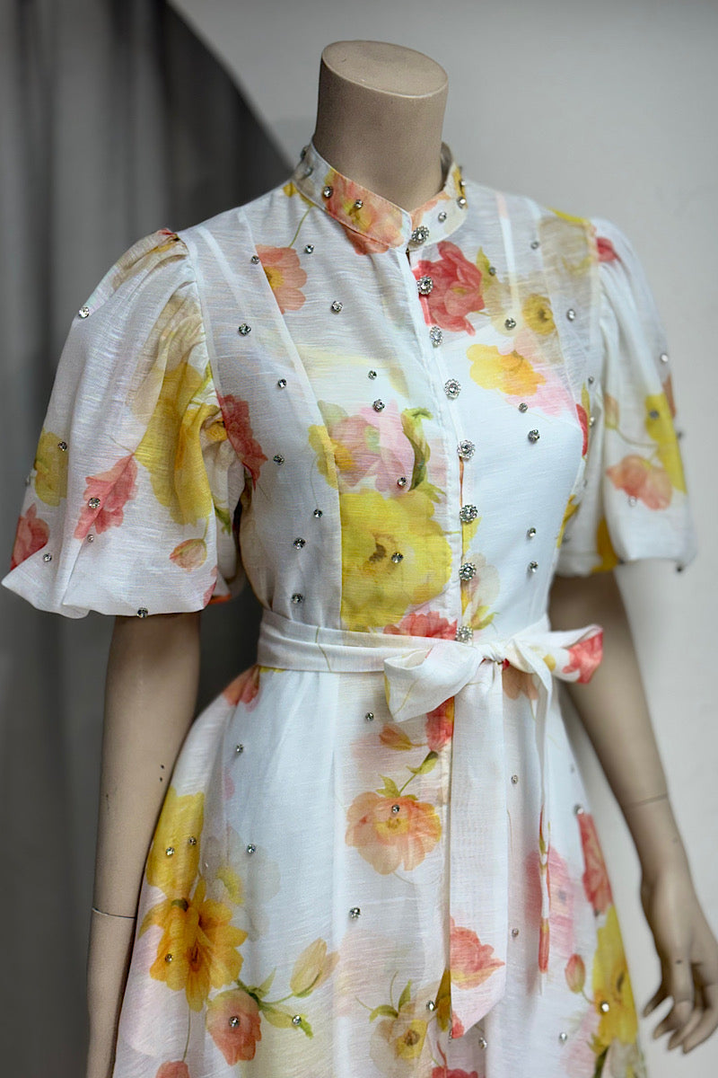 Puff Sleeve Rhinestone Studded Belted Dress