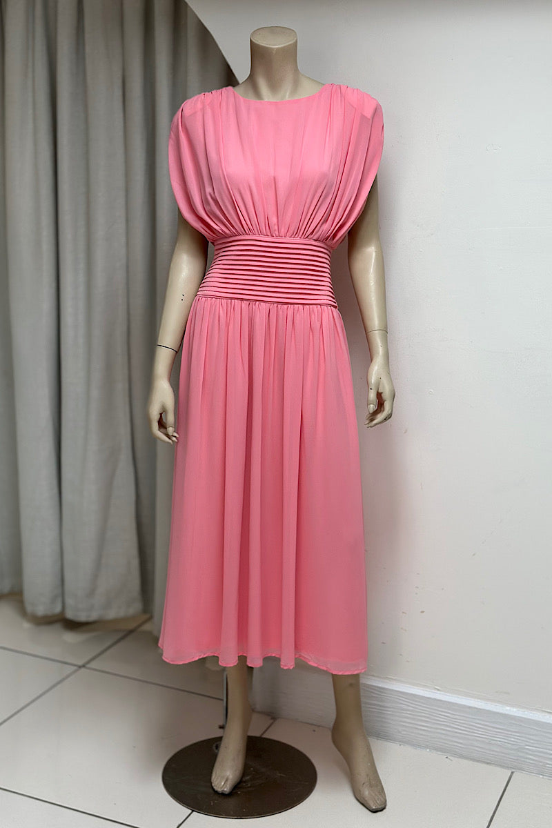 Pleated Waist Dolman Sleeve Midi Dress