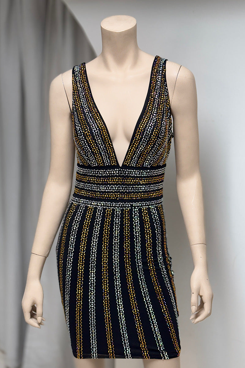 Bejeweled V-Neck Mini Dress