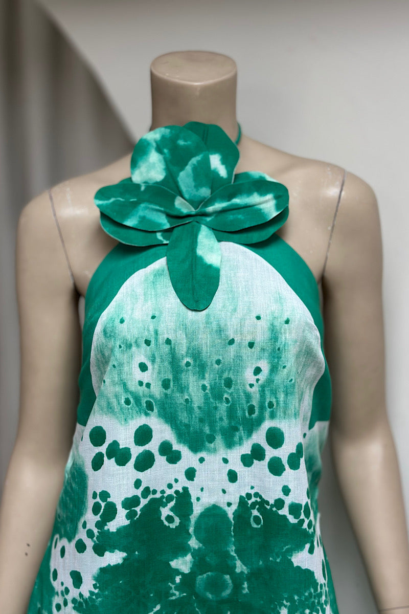 Flower Detail Tie-Dye Mini Halter Dress