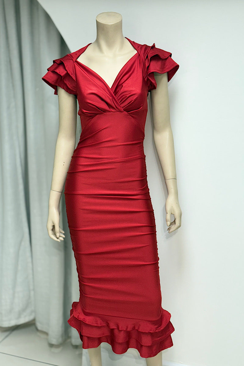 V-Neck Fitted Ruched Midi Dress