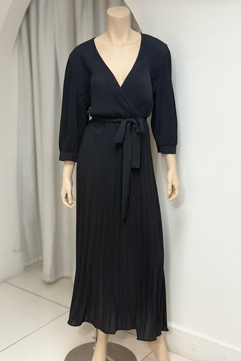 Pleated V-Neck Midi Dress