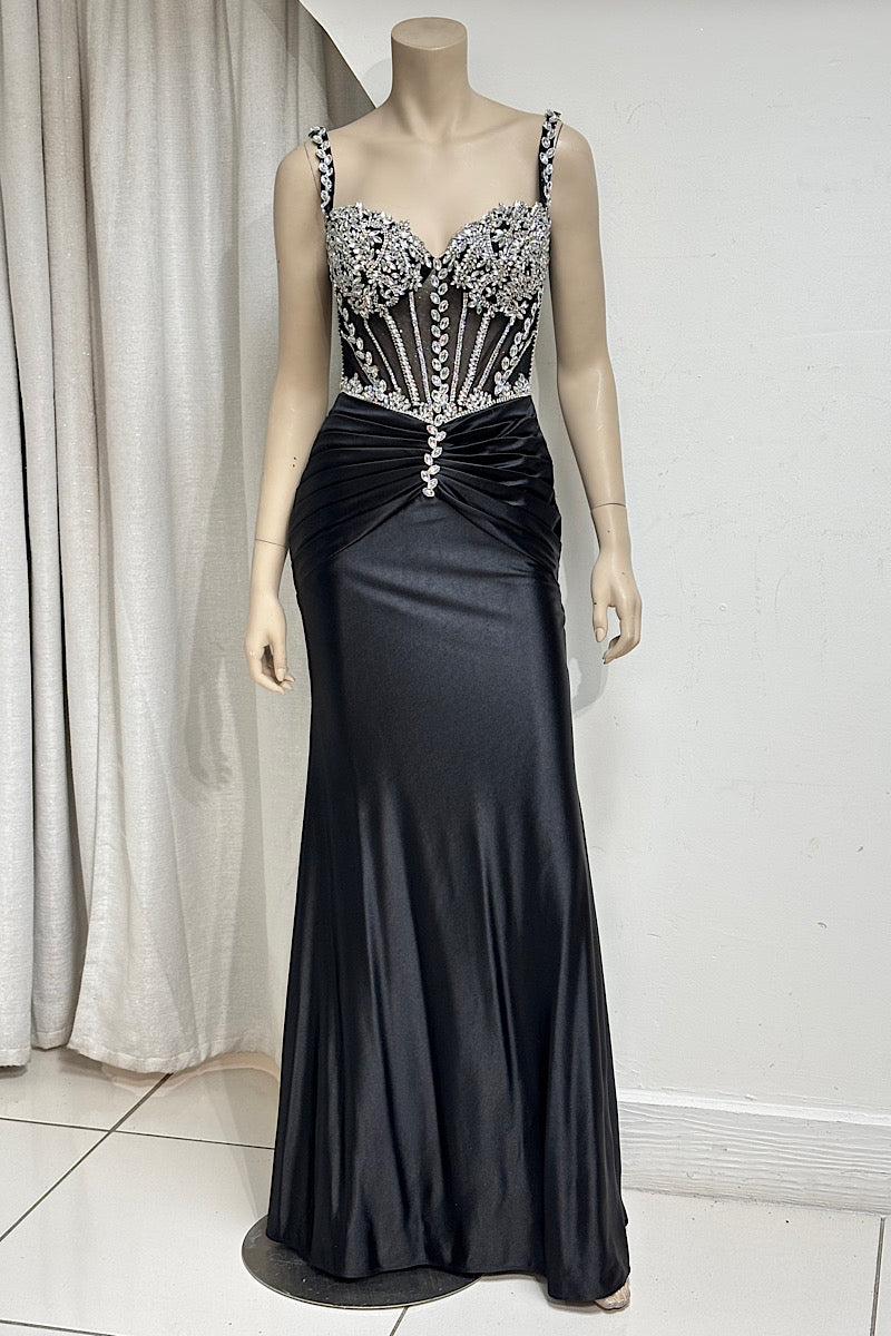 Sheer Rhinestone Bodice Fitted Satin Formal