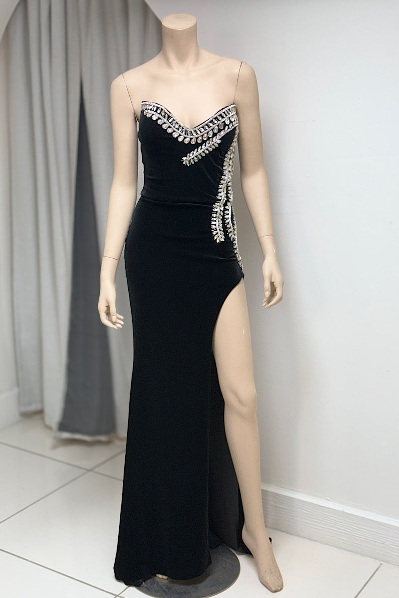 Velvet High Split Rhinestone Tube Formal
