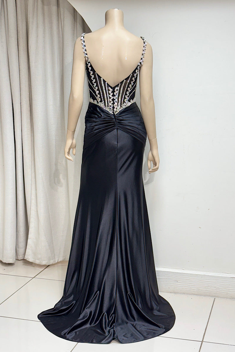 Sheer Rhinestone Bodice Fitted Satin Formal