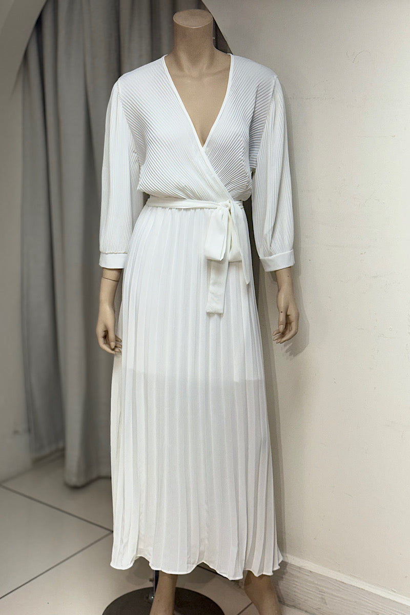 Pleated V-Neck Midi Dress