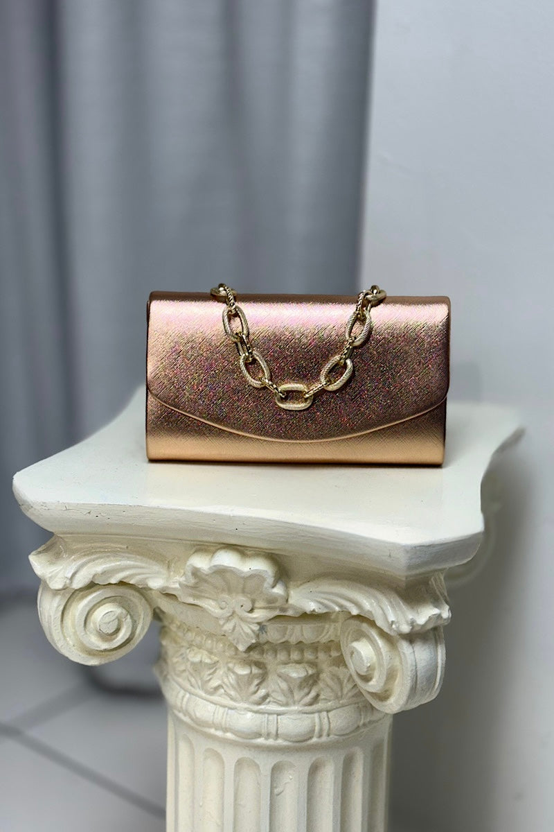 Chain Handle Fold-Over Shimmer Clutch