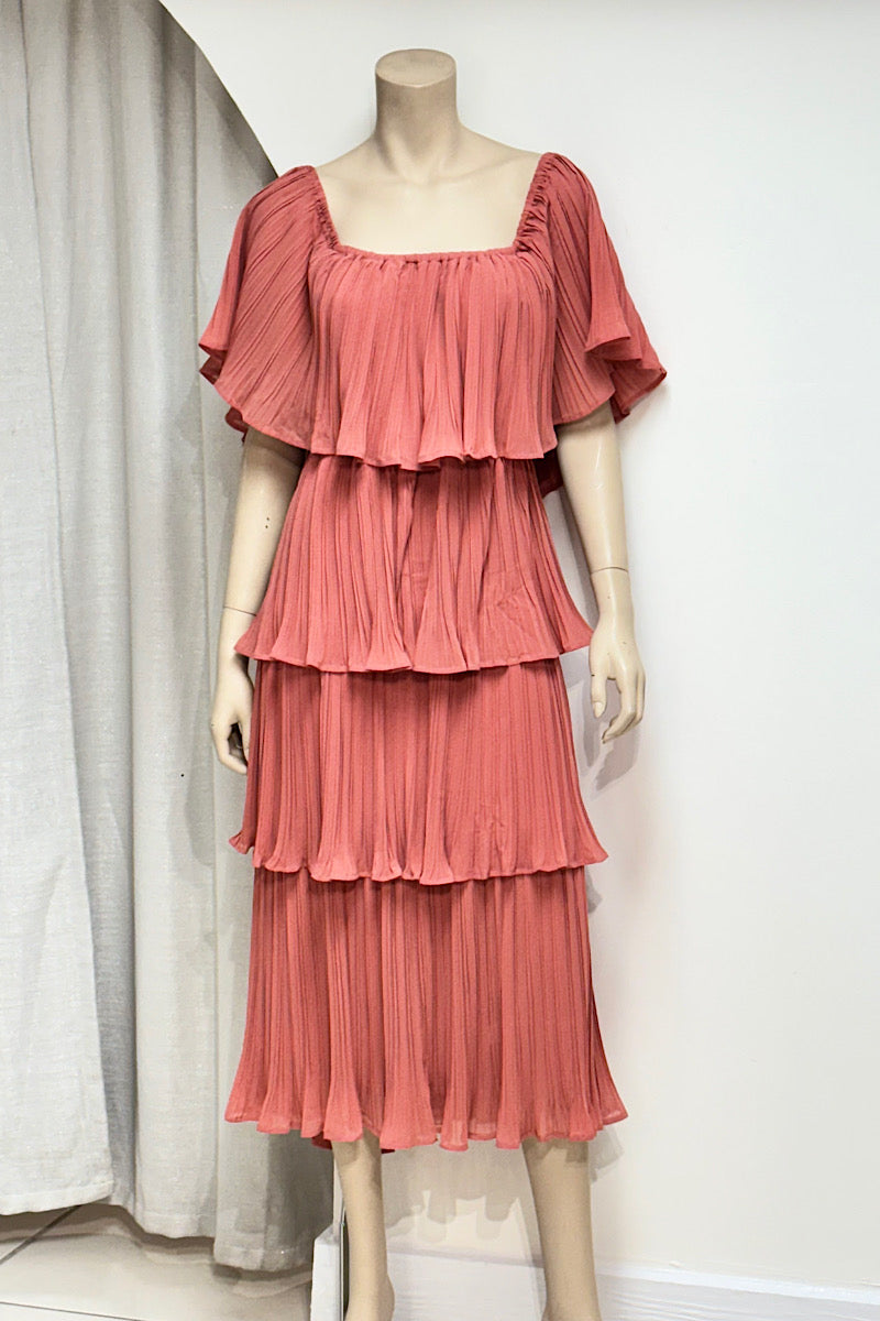 Pleated Tiered Flowy Midi Dress