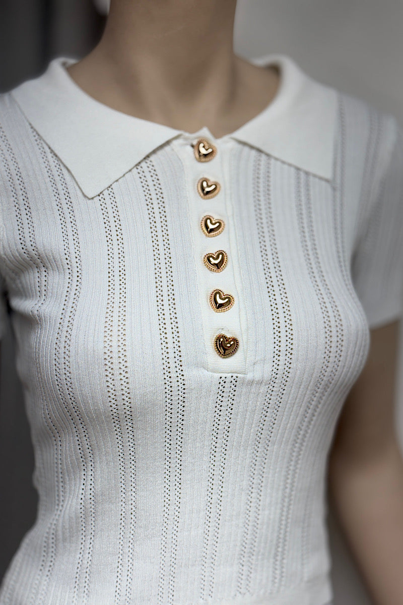 Woven Collared Heart Button Top