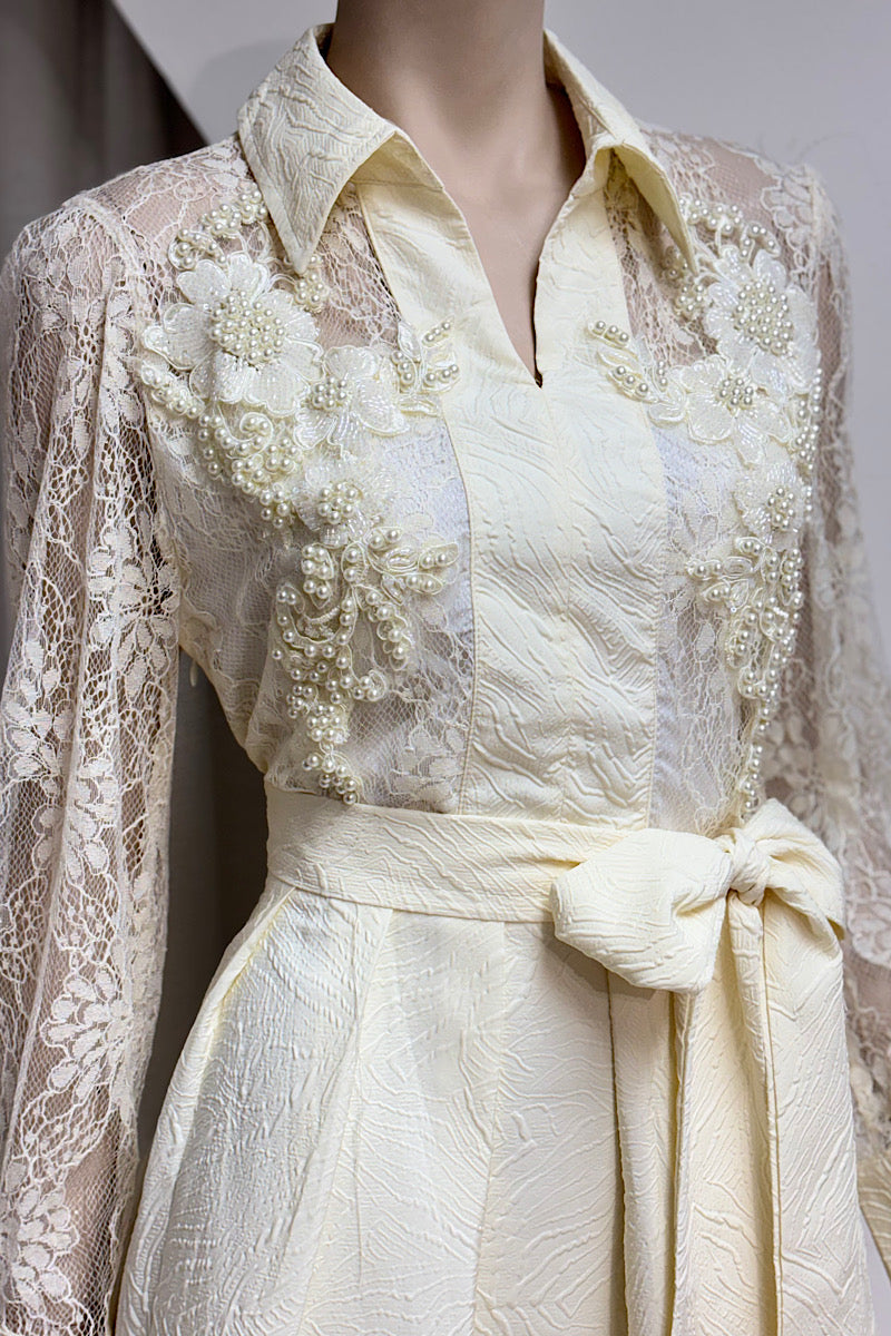 Lace Beaded Pearl Embellished Belted Midi Dress