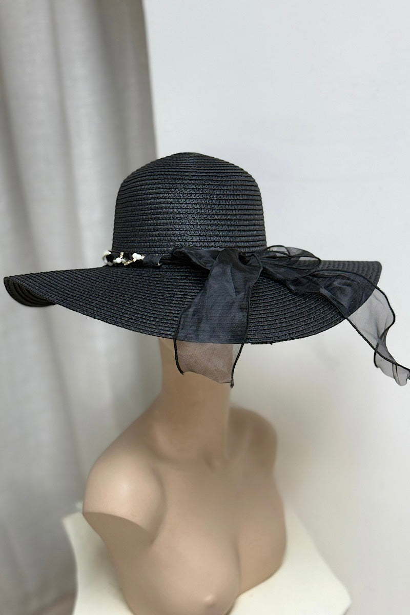 Bow Pearl Twined Detail Straw Hat
