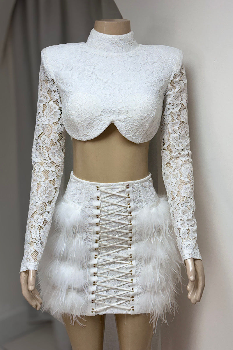 2 Piece Feather Lace Skirt Set