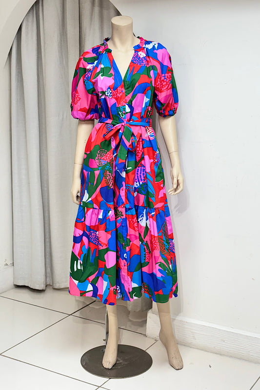 Multicolor Abstract Pattern Midi Dress