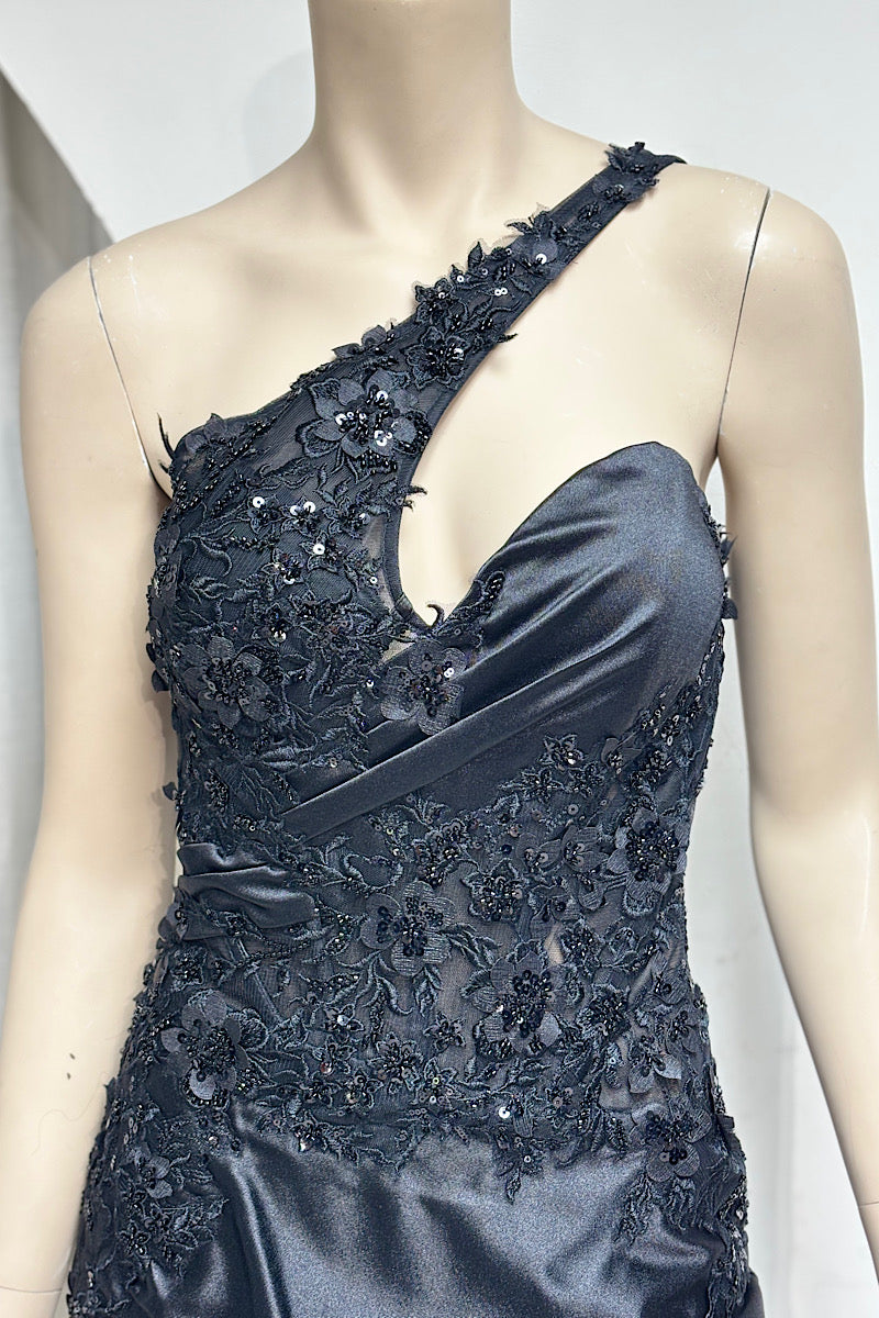 One-Shoulder Floral Applique Satin Formal