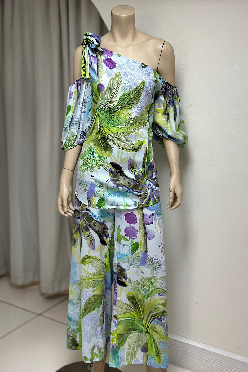 One-Shoulder Tropical Flowy Set