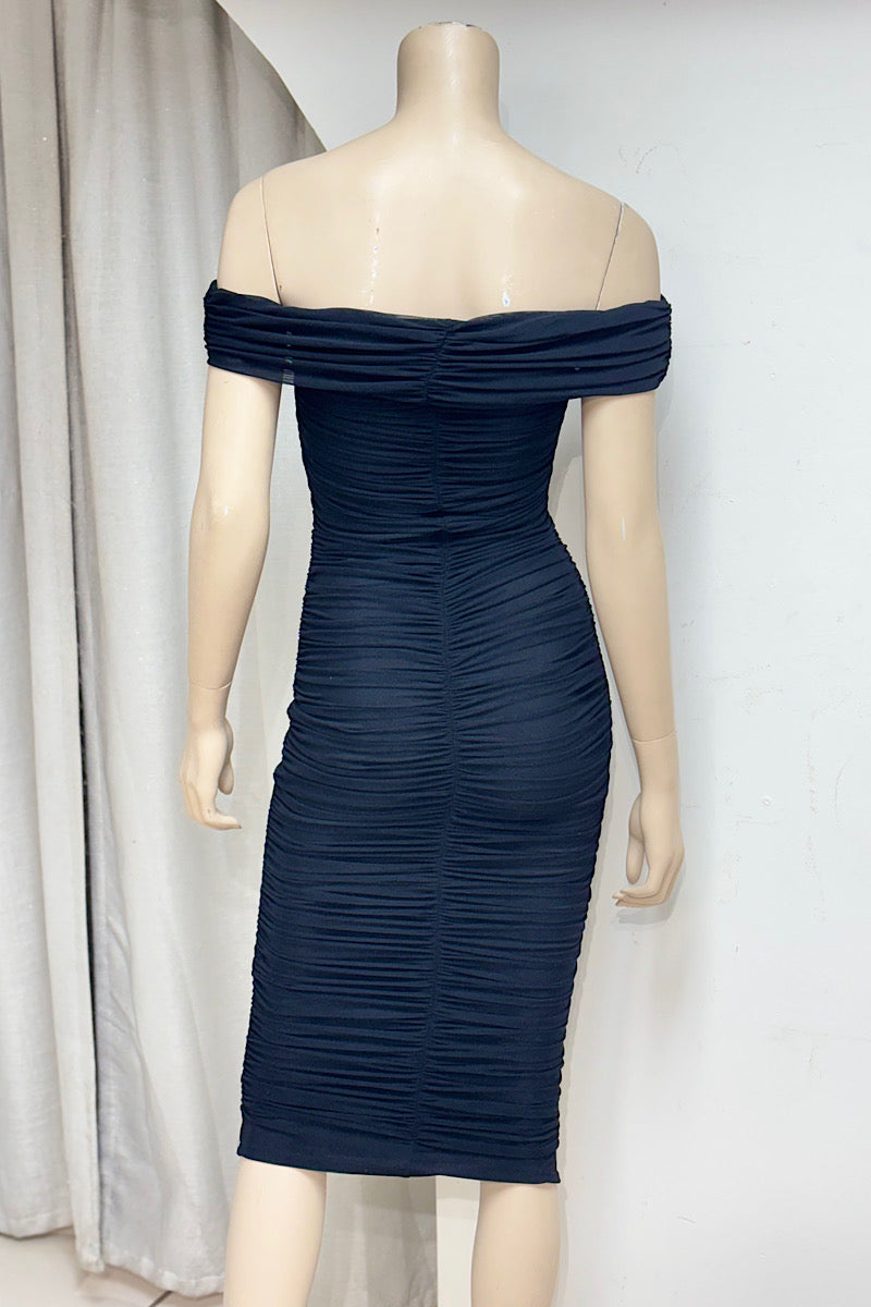 Ruched Off-Shoulder Fitted Midi Dress