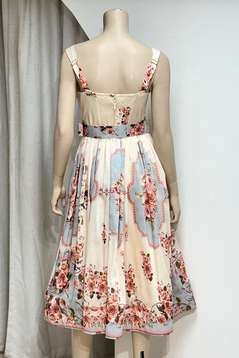 Corset Floral Belted Midi Dress