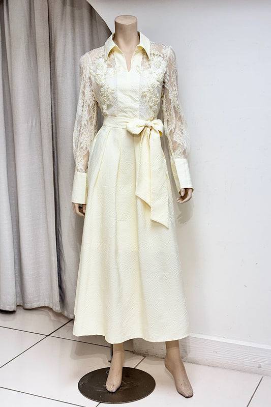 Lace Beaded Pearl Embellished Belted Midi Dress