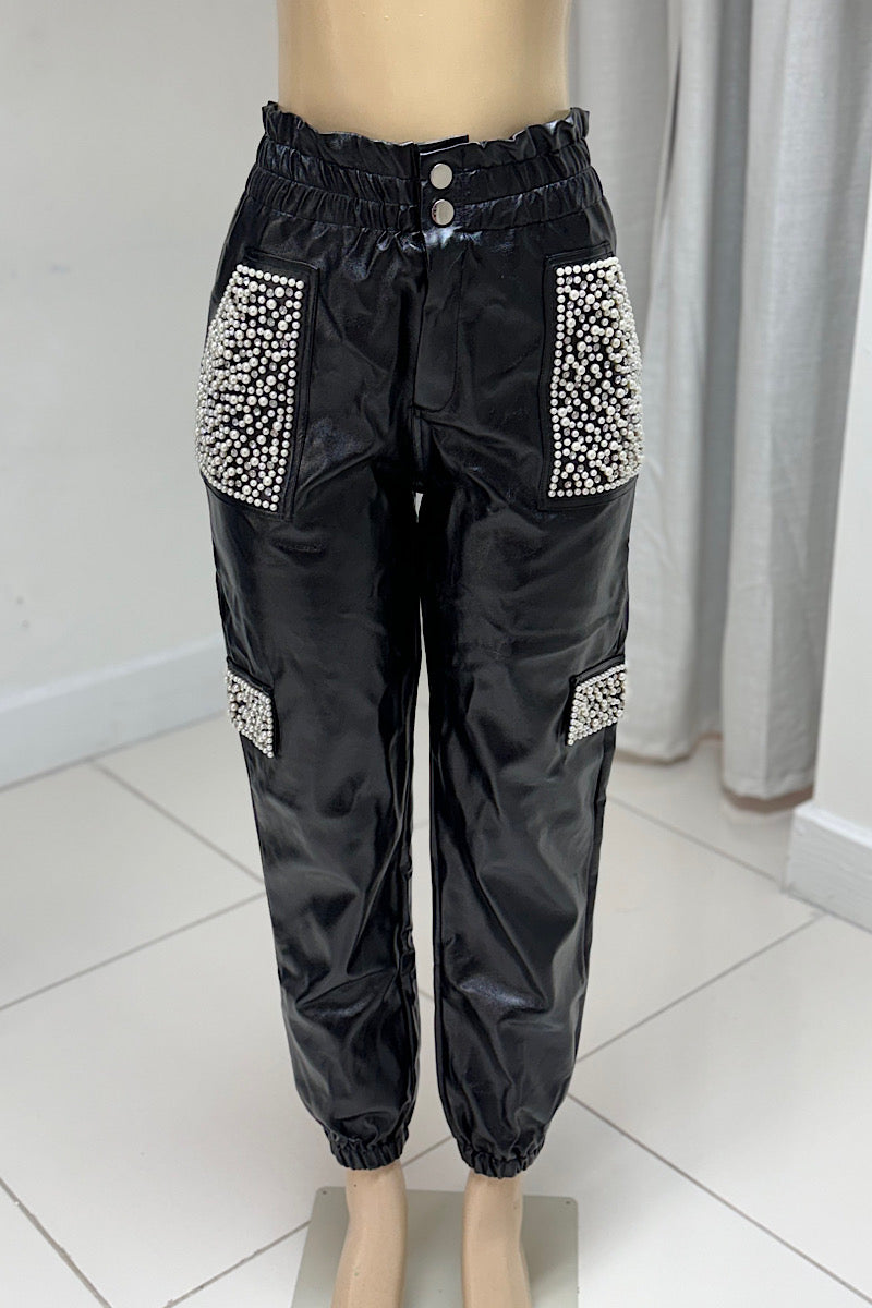 Black Studded Leather Joggers