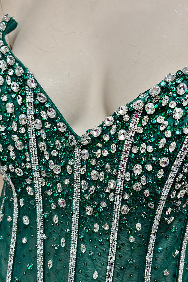 Sheer Rhinestone Bodice Satin Formal