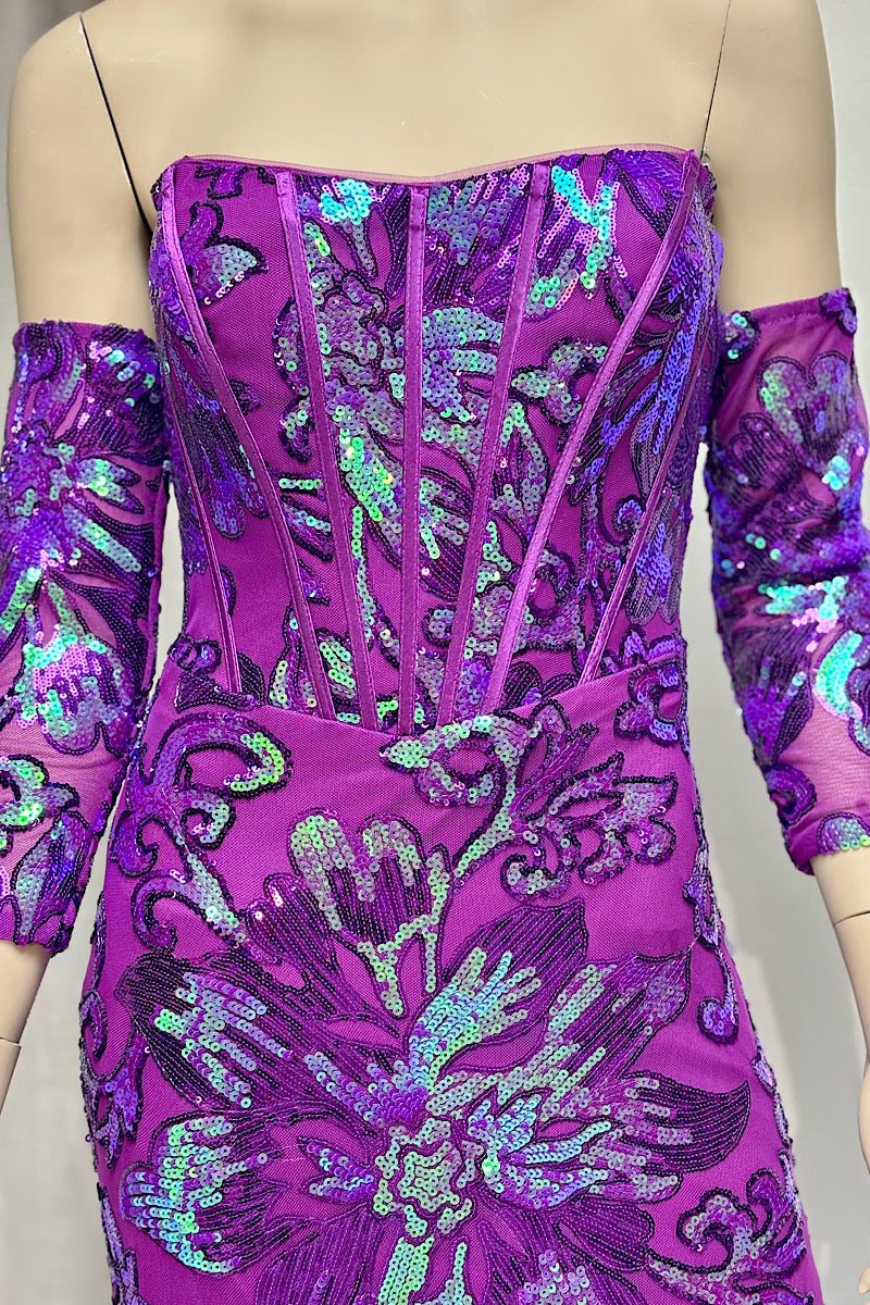 Sequin Detachable Sleeve Long Trail Formal