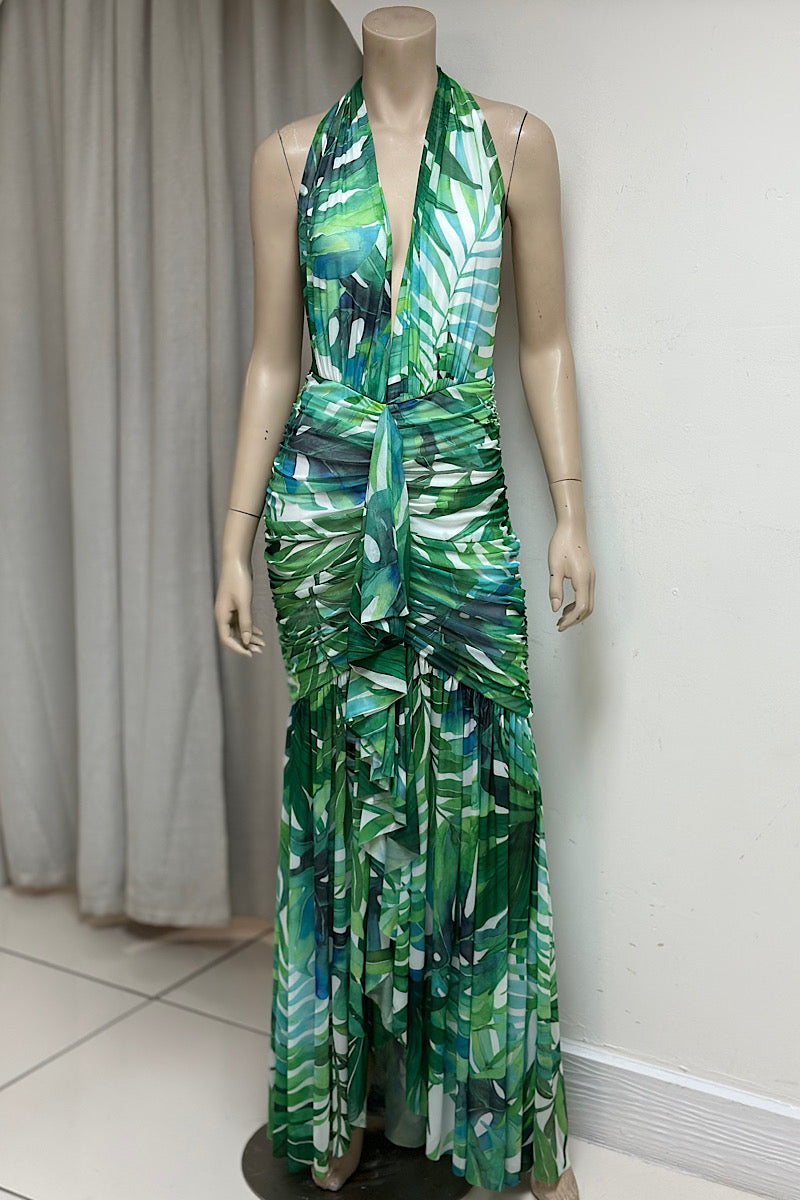 Ruched Halter Fitted Maxi Dress