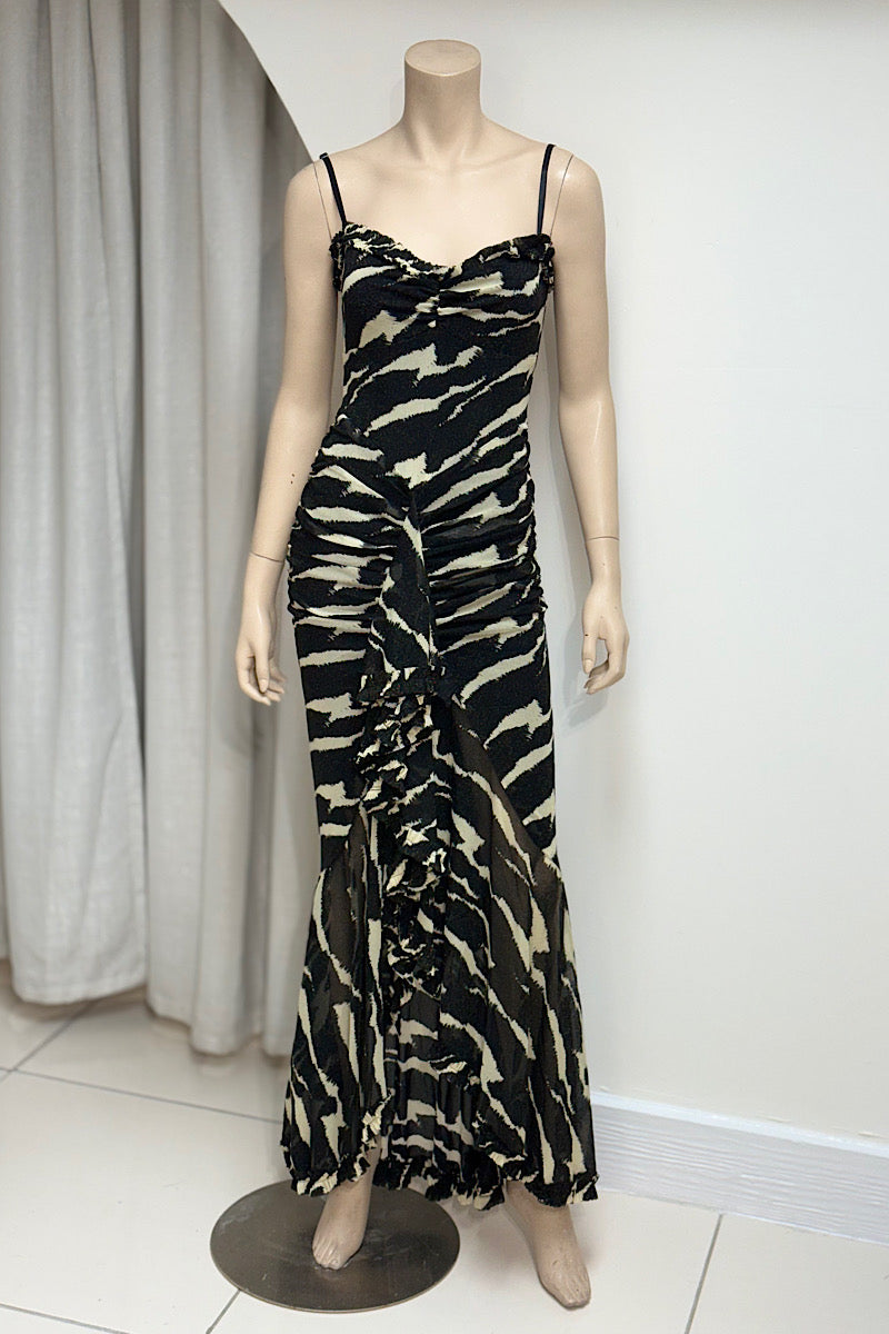 Ruched Shimmer Asymmetrical Ruffle Maxi