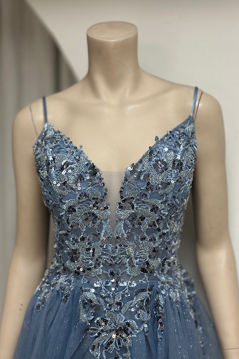 Embroidered Sequin Tulle Mini Formal