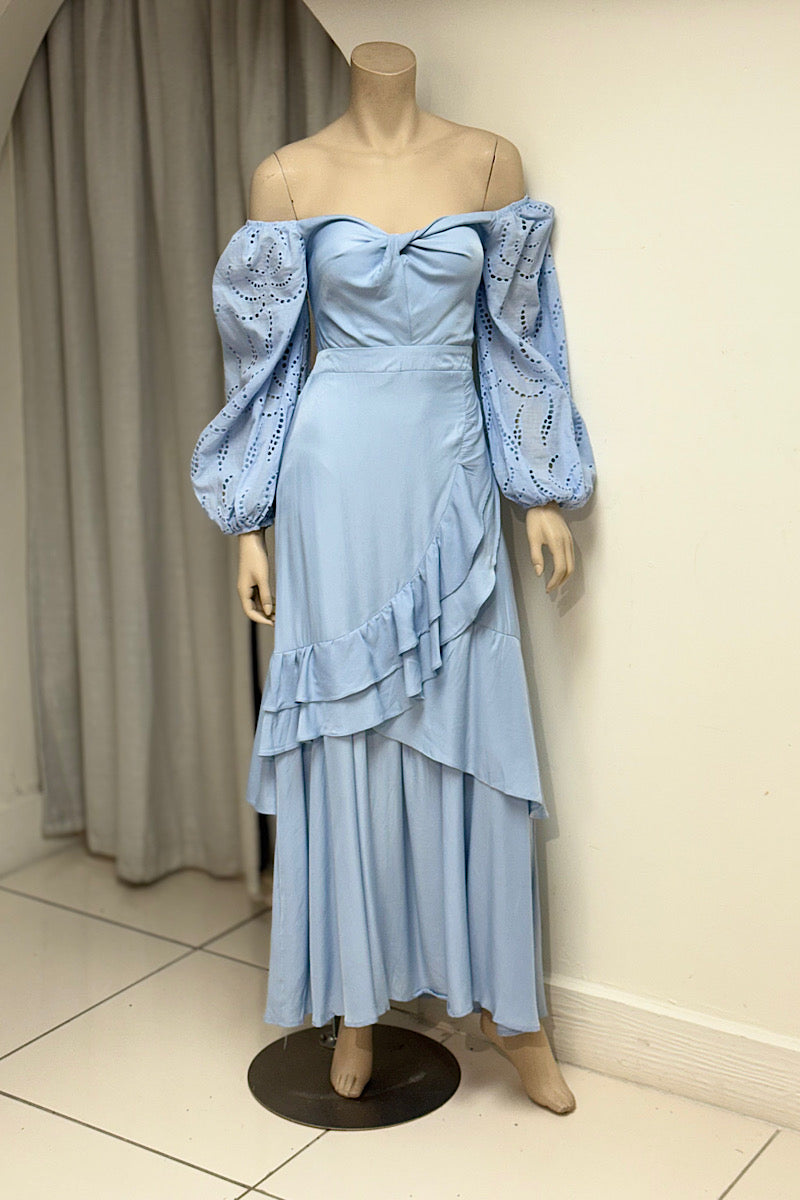 Off-Shoulder Eyelet Sleeve Layered Flare Dress