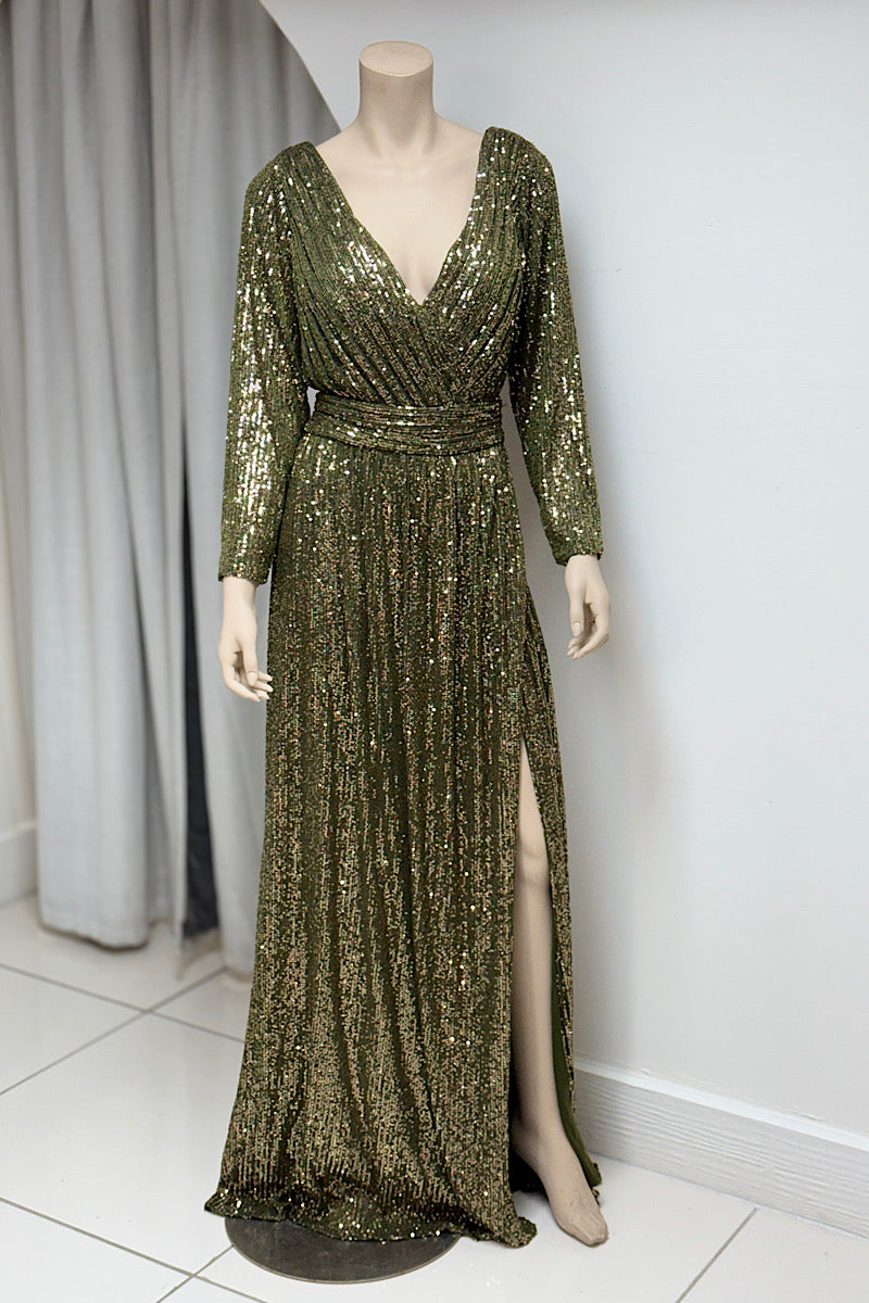 V-Neck 3 Quarter Sleeve Sequin Formal